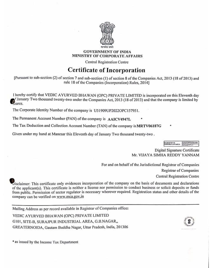Certificate of incorporation